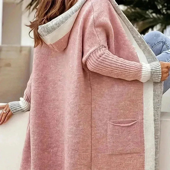 Pink Casual Women's Color Blocking Hooded Knit Cardigan - Picture 2 of 4